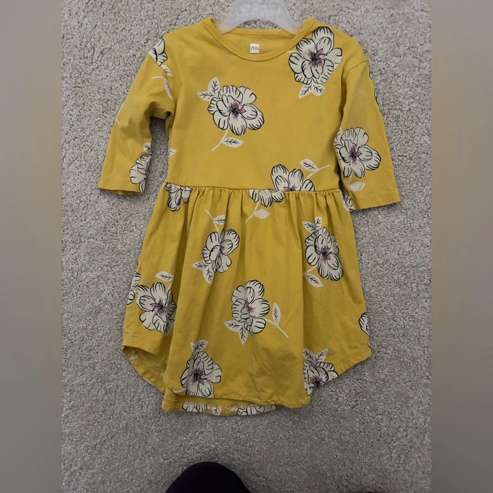 Girls tea collection yellow floral high low long sleeve dress size 3